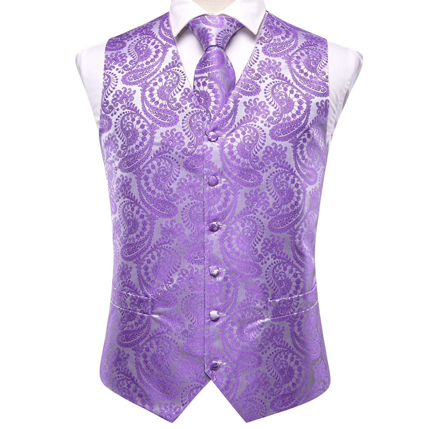 Silver Purple Paisley Silk Men's Vest Hanky Cufflinks Tie Set Waistcoat Suit Set