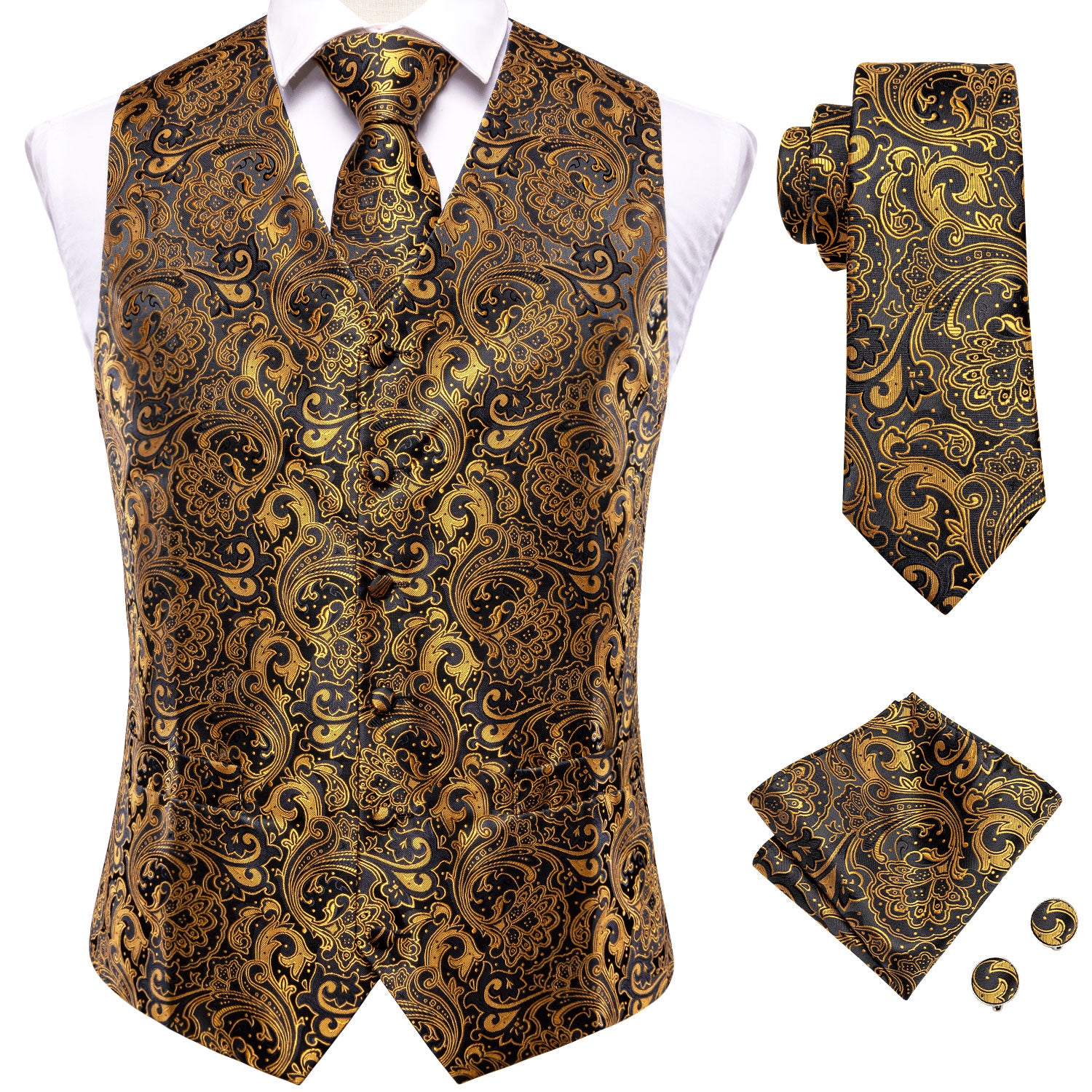 Classic Black Gloden Paisley Silk Men's Vest Hanky Cufflinks Tie Set Waistcoat Suit Set