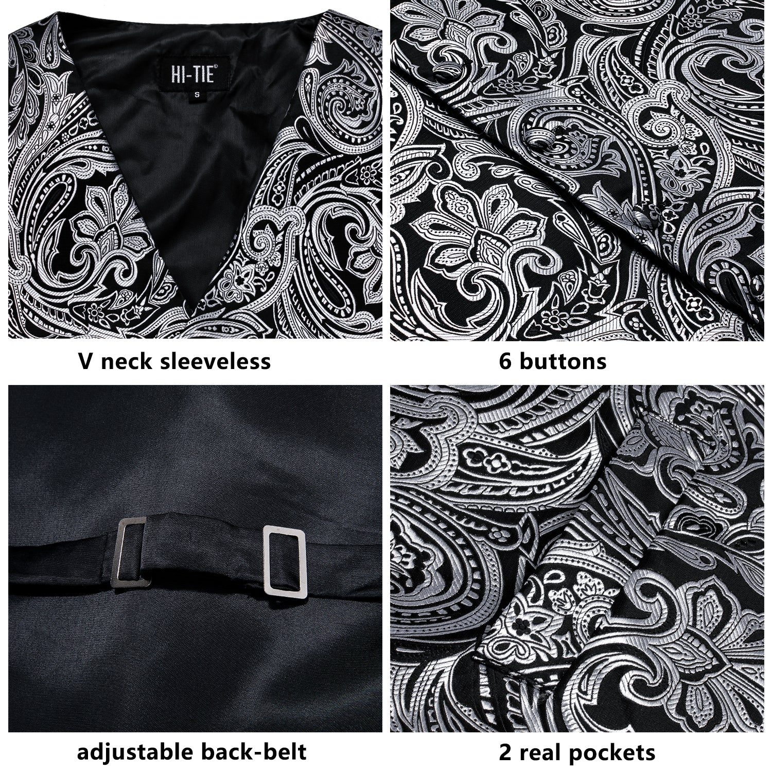 Classic Black Grey Paisley Silk Men's Vest Hanky Cufflinks Tie Set Waistcoat Suit Set