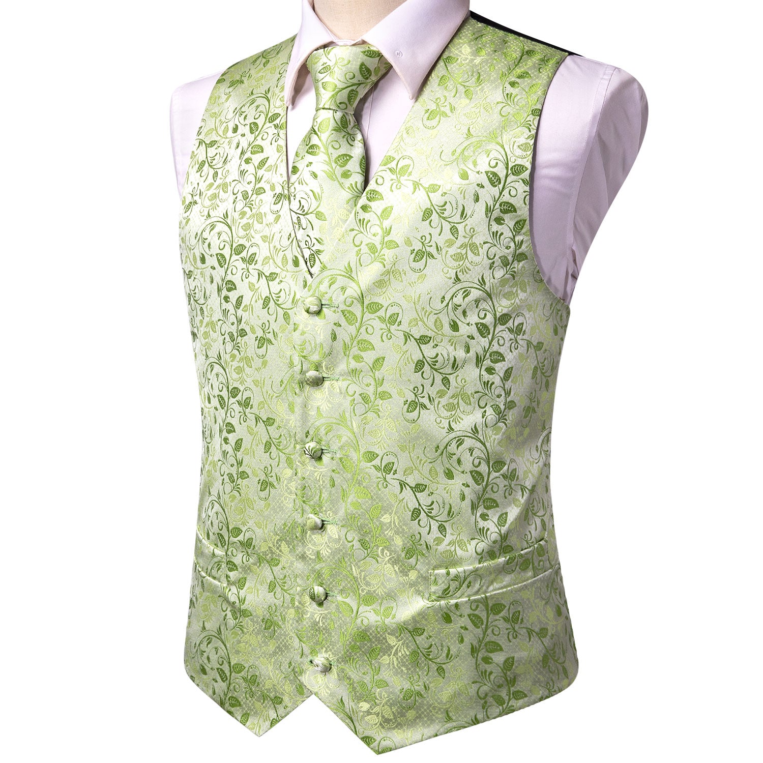 New Light Green Leaves Silk Men's Vest Hanky Cufflinks Tie Set Waistcoat Suit Set