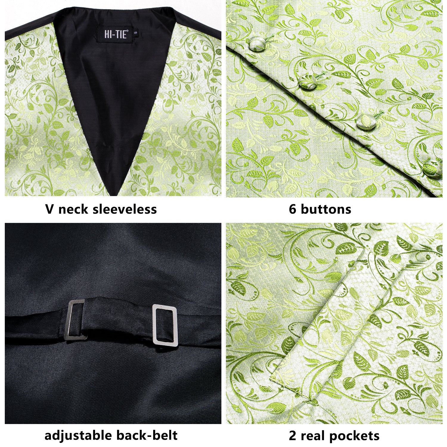 New Light Green Leaves Silk Men's Vest Hanky Cufflinks Tie Set Waistcoat Suit Set