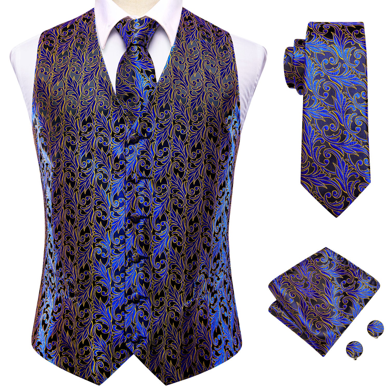 New Black Blue Yellow Paisley Silk Men's Vest Hanky Cufflinks Tie Set Waistcoat Suit Set