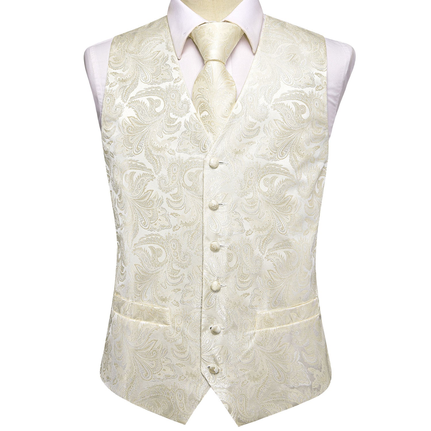 Champagne White Paisley Silk Men's Vest Hanky Cufflinks Tie Set Waistcoat Suit Set