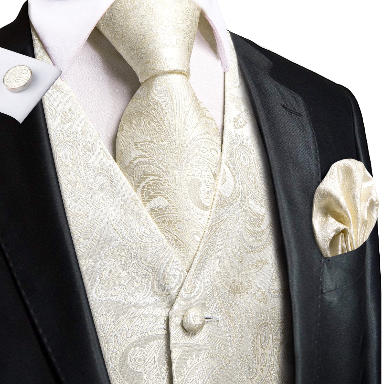New Champagne White Paisley Silk Men's Vest Hanky Cufflinks Tie Set Waistcoat Suit Set