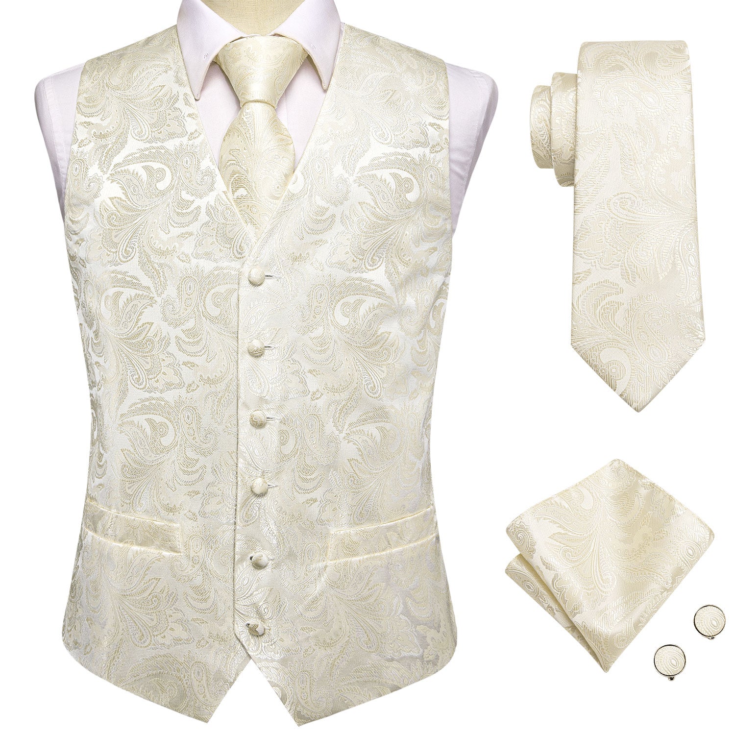 New Champagne White Paisley Silk Men's Vest Hanky Cufflinks Tie Set Waistcoat Suit Set