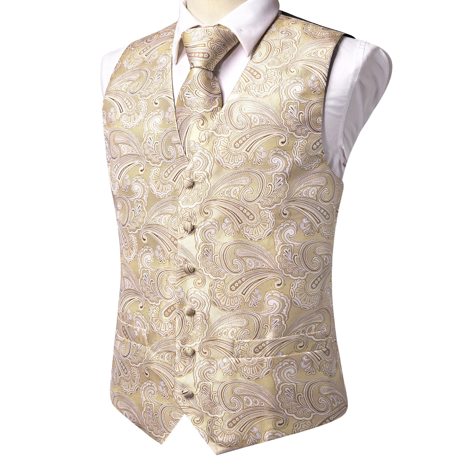 Wheat Paisley Silk Men's Vest Hanky Cufflinks Tie Set Waistcoat Suit Set