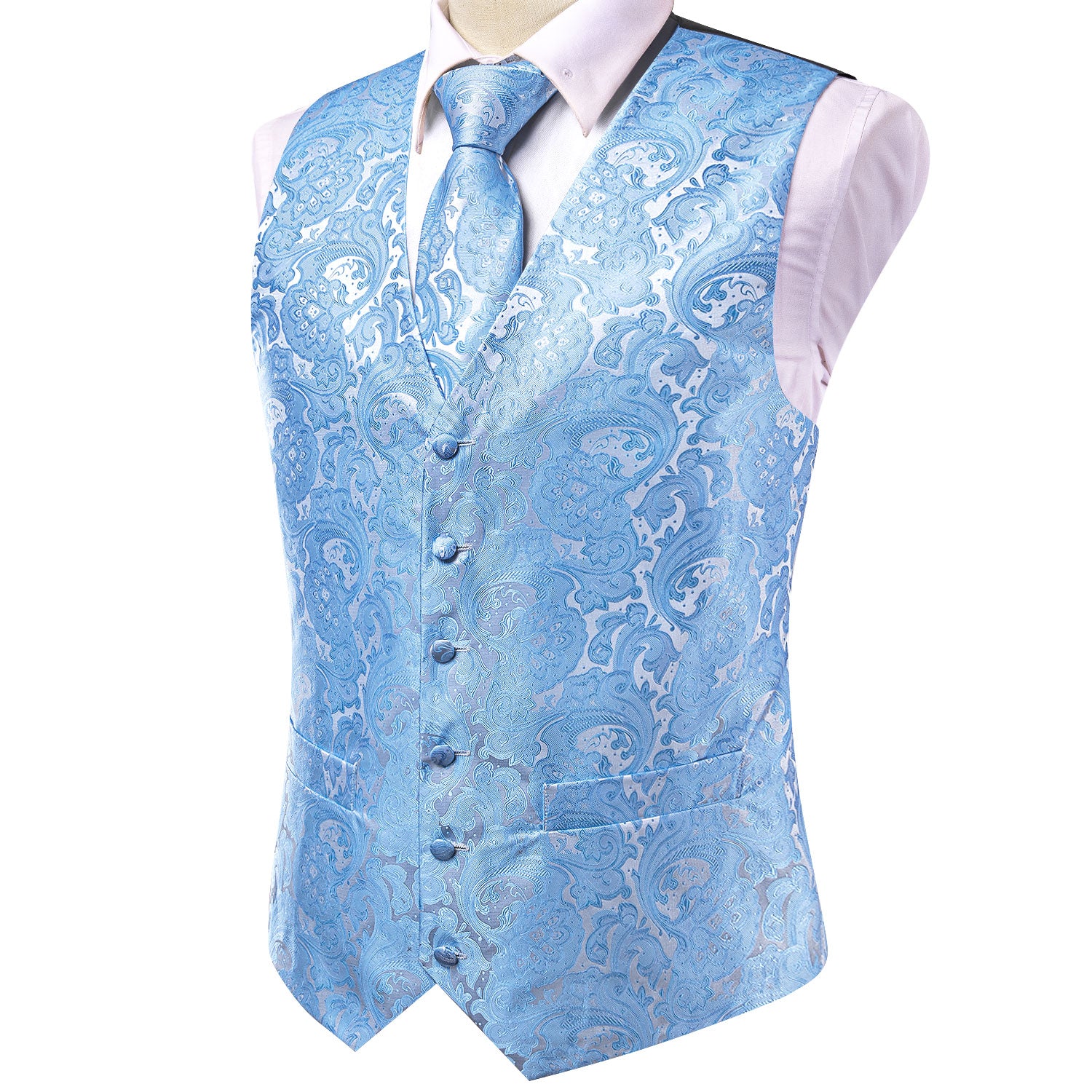 Baby Blue Paisley Silk Men's Vest Hanky Cufflinks Necktie Set