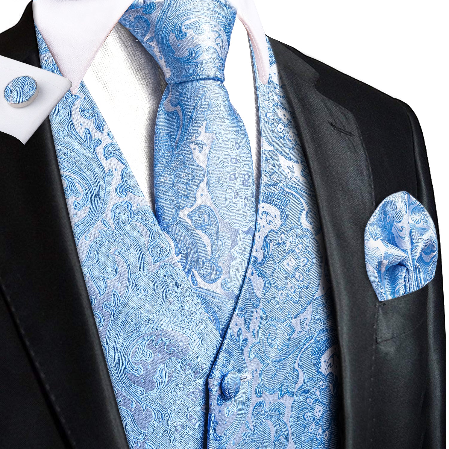 New Baby Blue Paisley Silk Men's Vest Hanky Cufflinks Tie Set Waistcoat Suit Set