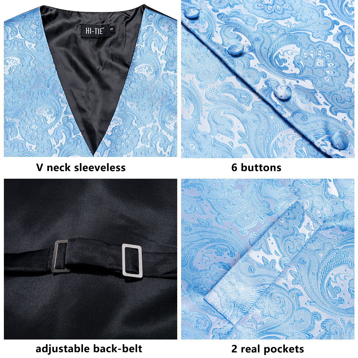 New Baby Blue Paisley Silk Men's Vest Hanky Cufflinks Tie Set Waistcoat Suit Set