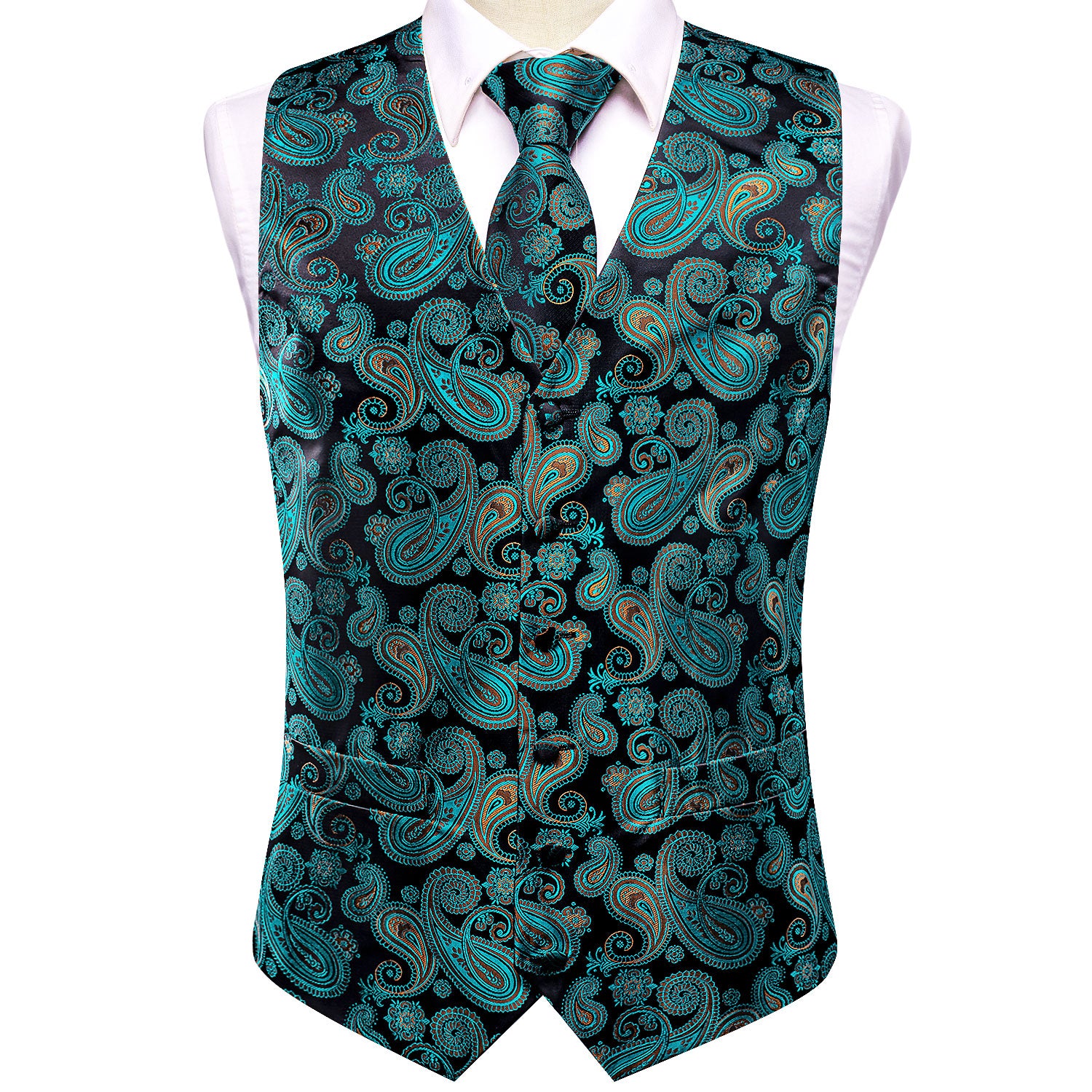 Black Teal Paisley Silk Men's Vest Hanky Cufflinks Tie Set Waistcoat Suit Set