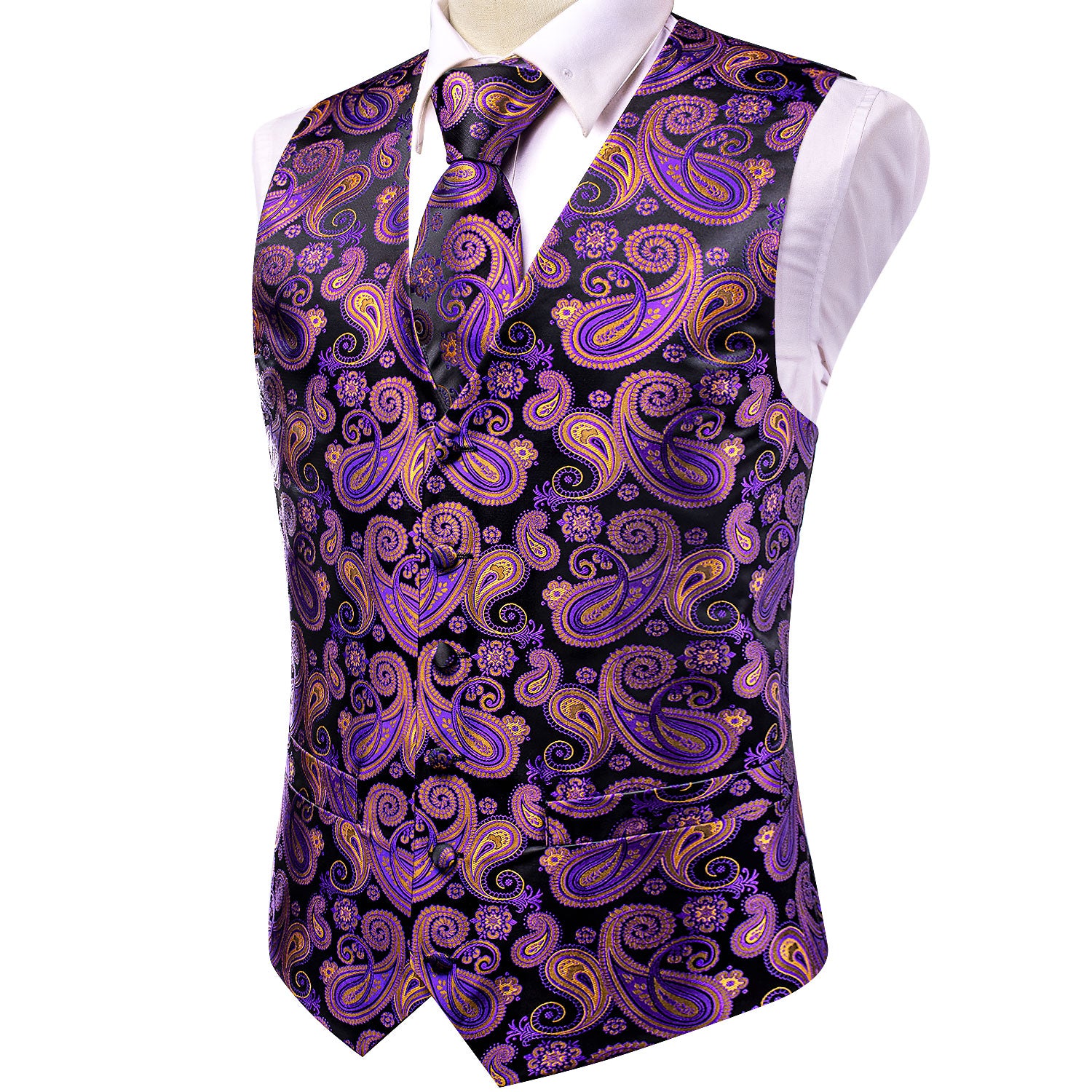 Black Purple Yellow Paisley Silk Men's Vest Hanky Cufflinks Tie Set Waistcoat Suit Set