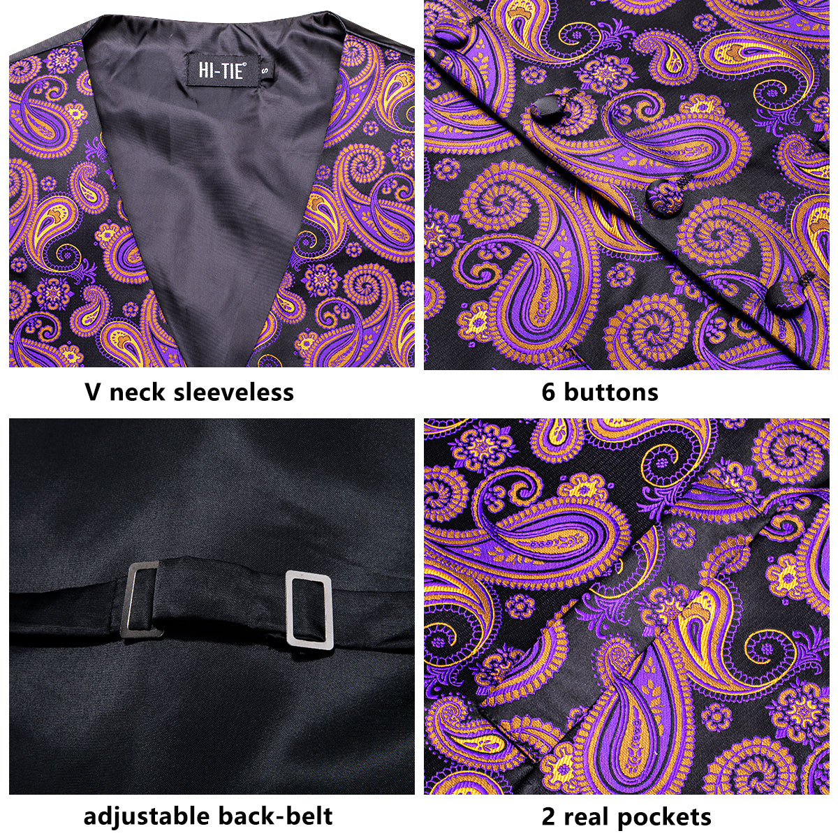 New Black Purple Yellow Paisley Silk Men's Vest Hanky Cufflinks Tie Set Waistcoat Suit Set