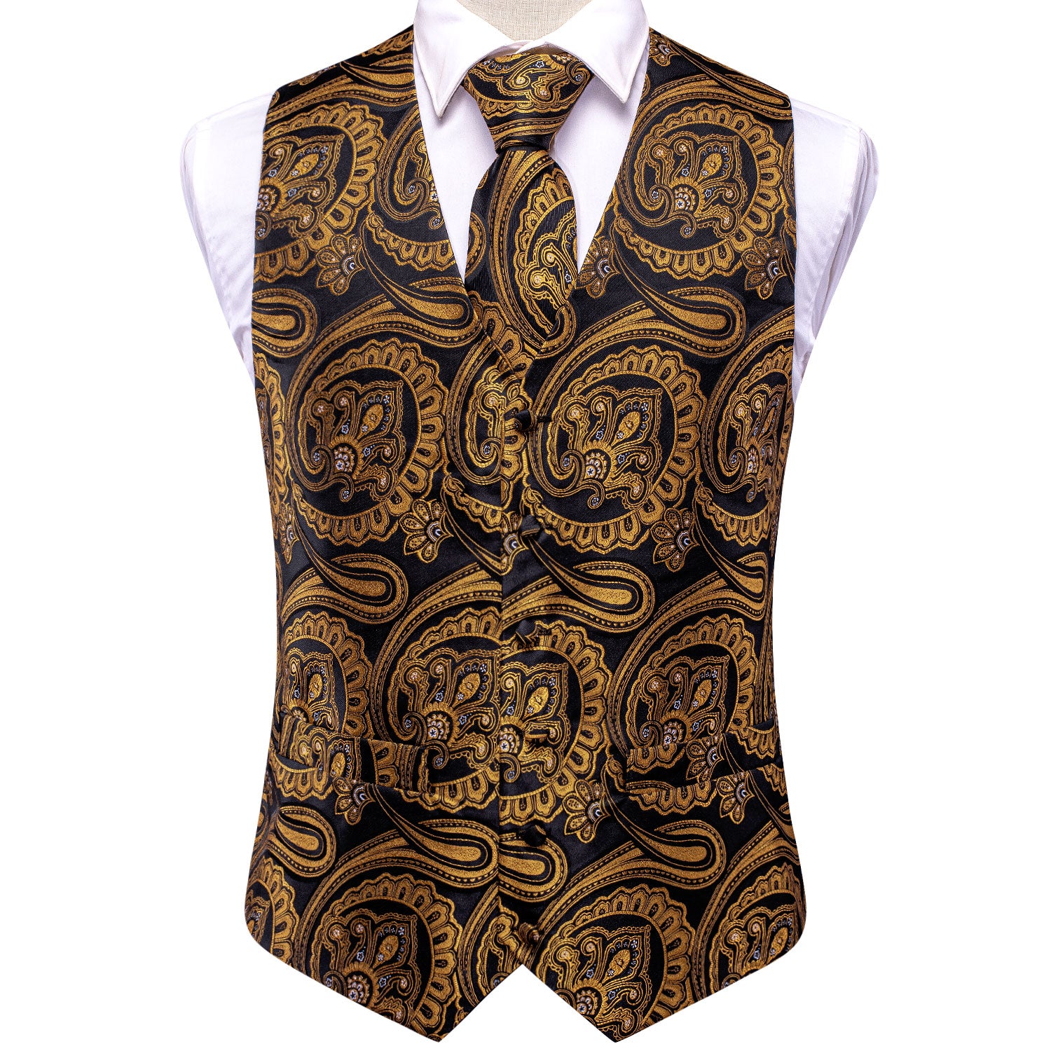 New Golden Black Paisley with White Floral Silk Men's Vest Hanky Cufflinks Tie Set Waistcoat Suit Set