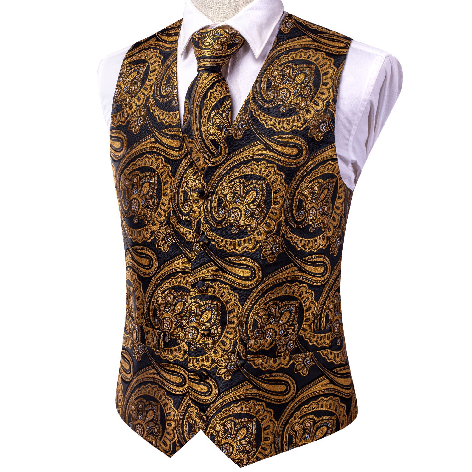 Golden Black Paisley with White Floral Silk Men's Vest Hanky Cufflinks Tie Set Waistcoat Suit Set
