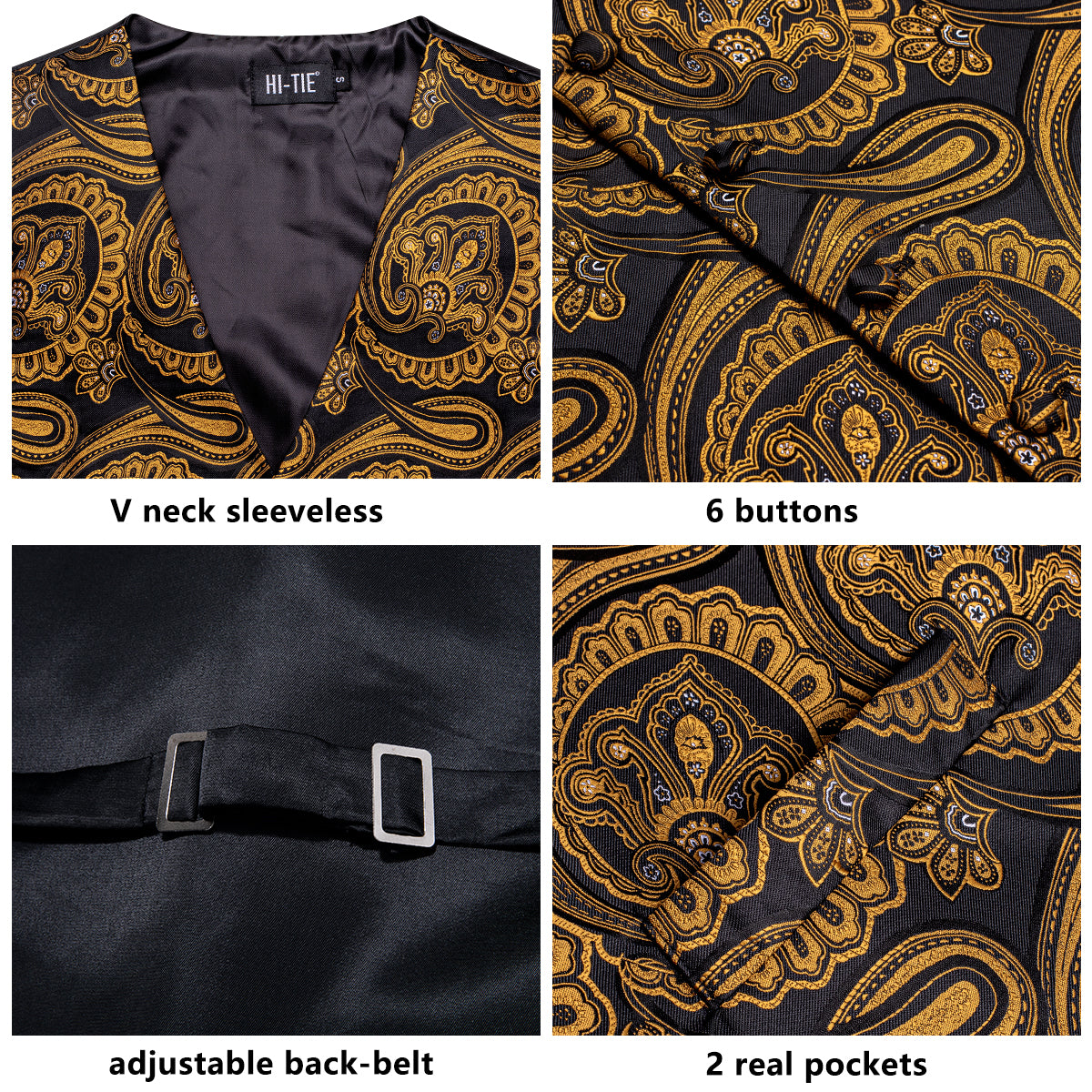 New Golden Black Paisley with White Floral Silk Men's Vest Hanky Cufflinks Tie Set Waistcoat Suit Set
