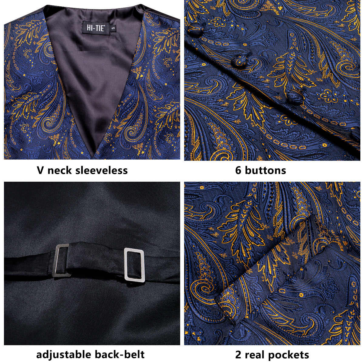 Navy Blue Golden Paisley Silk Men's Vest Hanky Cufflinks Tie Set Waistcoat Suit Set