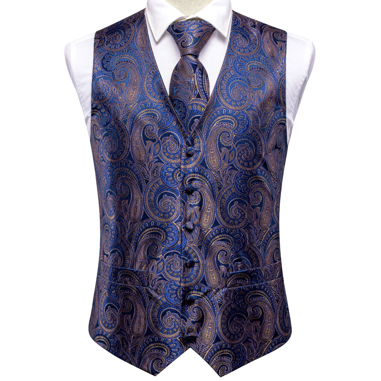 Classic Blue Golden Paisley Silk Men's Vest Hanky Cufflinks Tie Set Waistcoat Suit Set