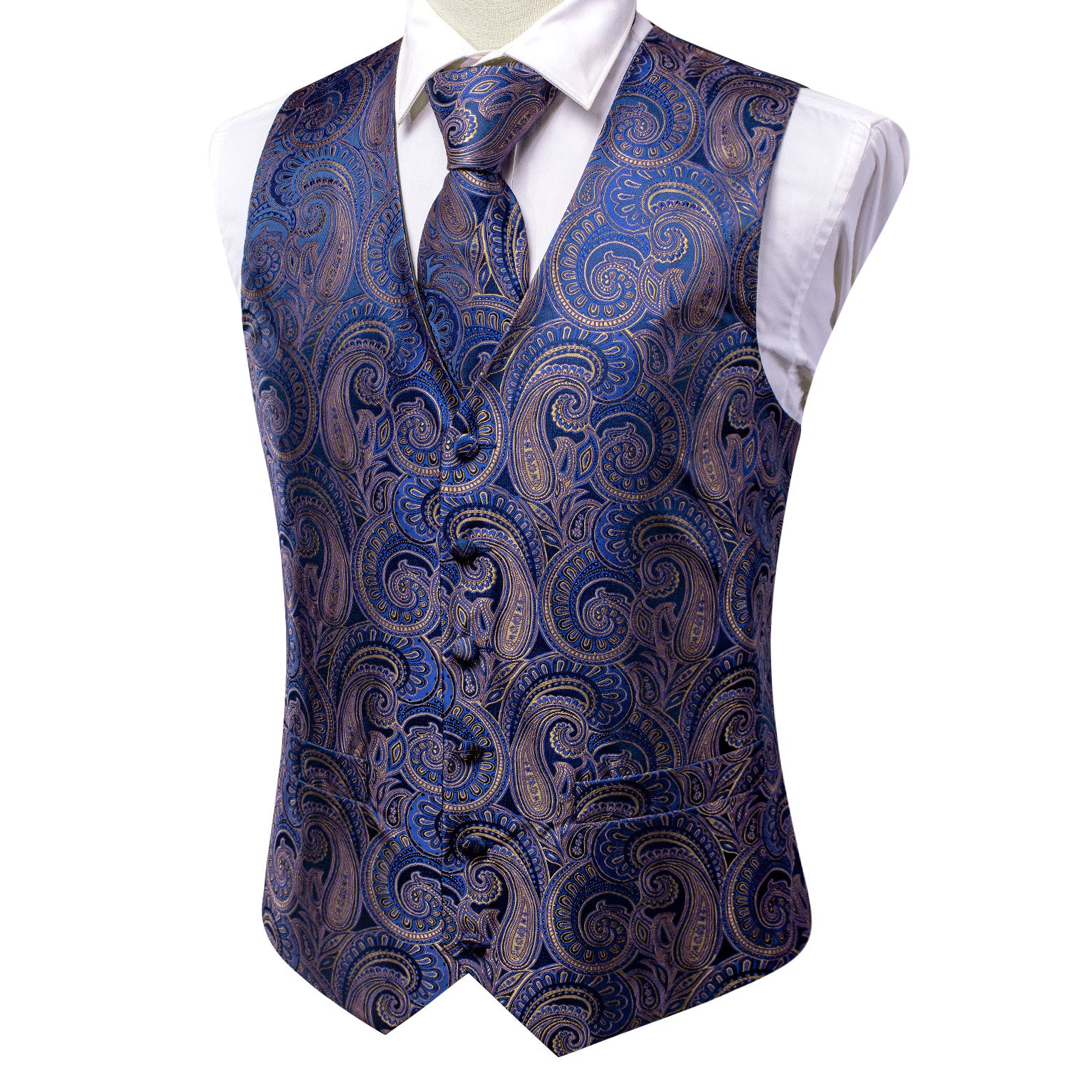 Classic Blue Golden Paisley Silk Men's Vest Hanky Cufflinks Tie Set Waistcoat Suit Set