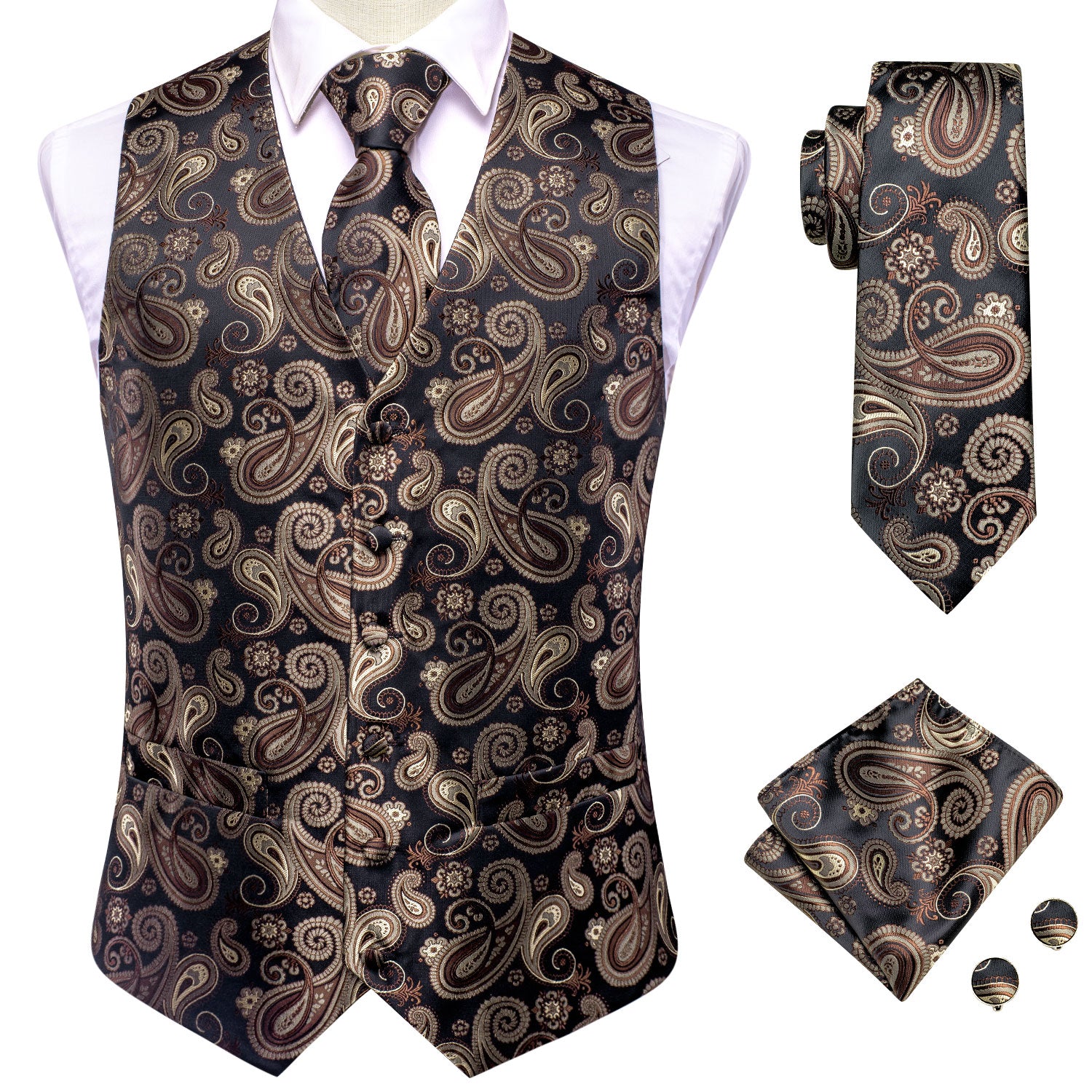 New Black Brown Paisley Silk Men's Vest Hanky Cufflinks Tie Set Waistcoat Suit Set