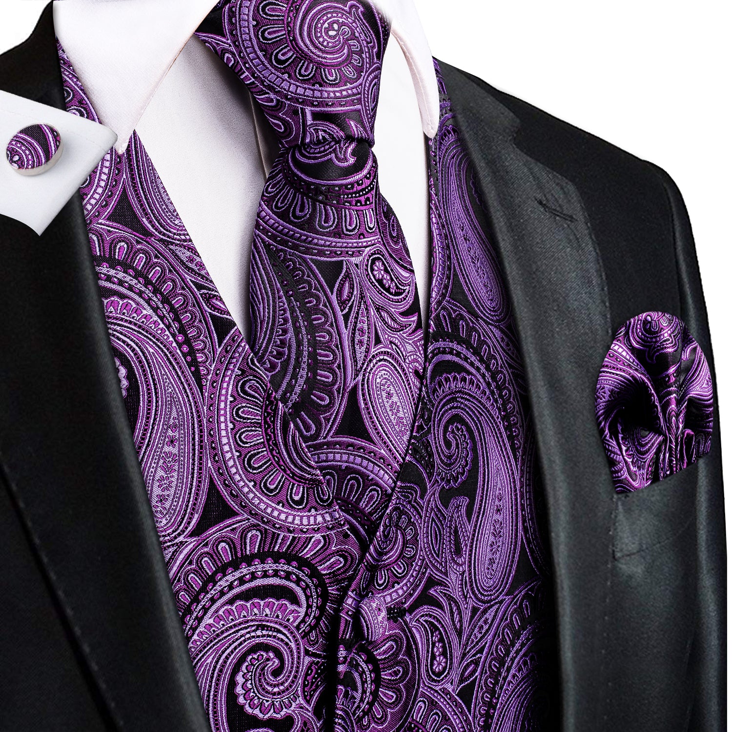 New Dark Purple Paisley Silk Men's Vest Hanky Cufflinks Tie Set Waistcoat Suit Set