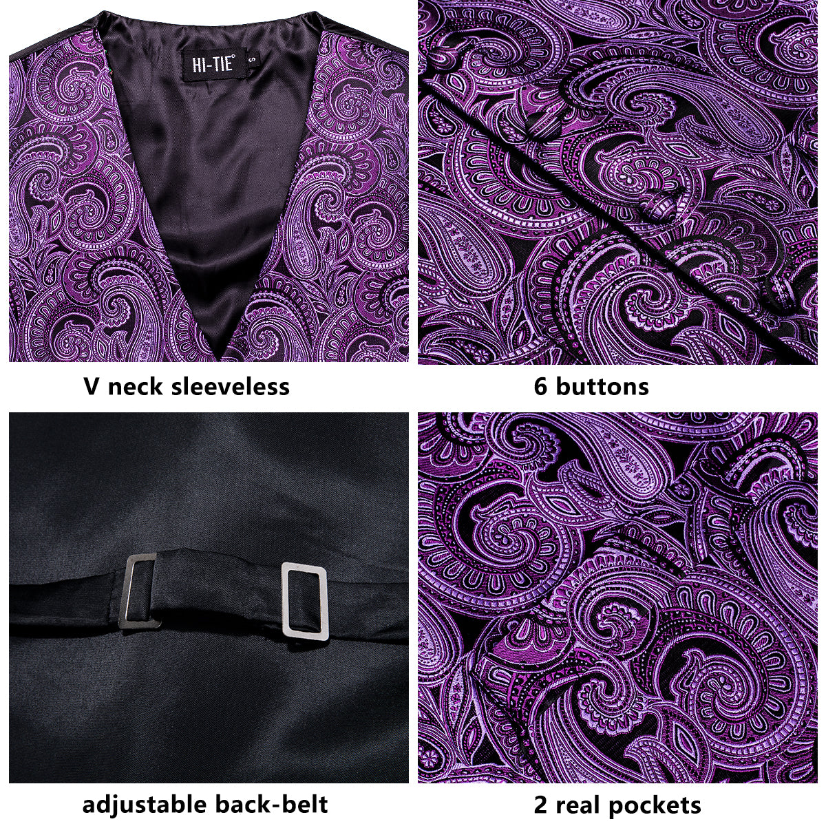 New Dark Purple Paisley Silk Men's Vest Hanky Cufflinks Tie Set Waistcoat Suit Set