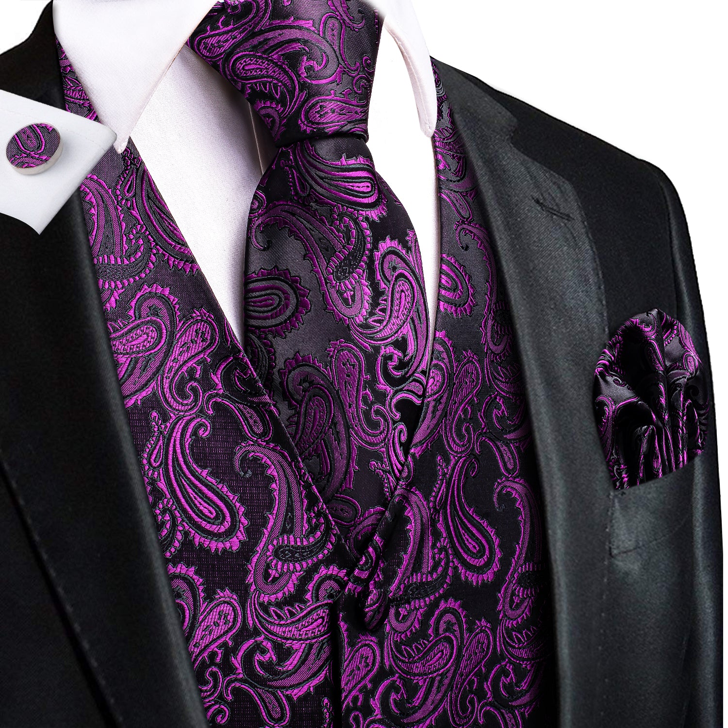 New Black Purple Paisley Silk Men's Vest Hanky Cufflinks Tie Set Waistcoat Suit Set