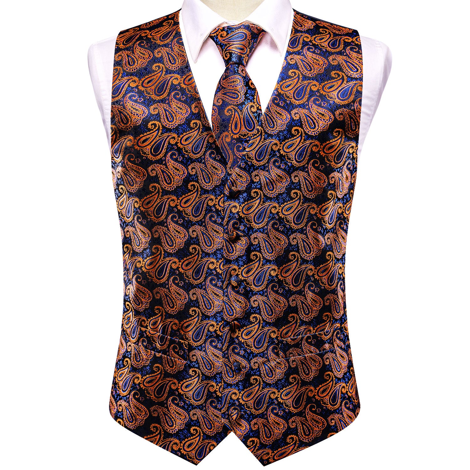 Orange Blue Paisley Silk Men's Vest Hanky Cufflinks Tie Set Waistcoat Suit Set