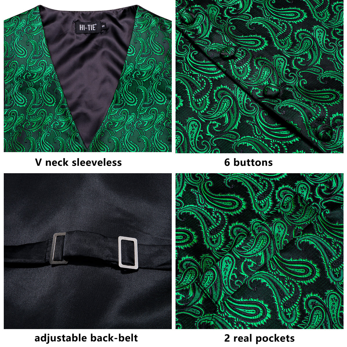 New Emerald Green Paisley Silk Men's Vest Hanky Cufflinks Tie Set Waistcoat Suit Set