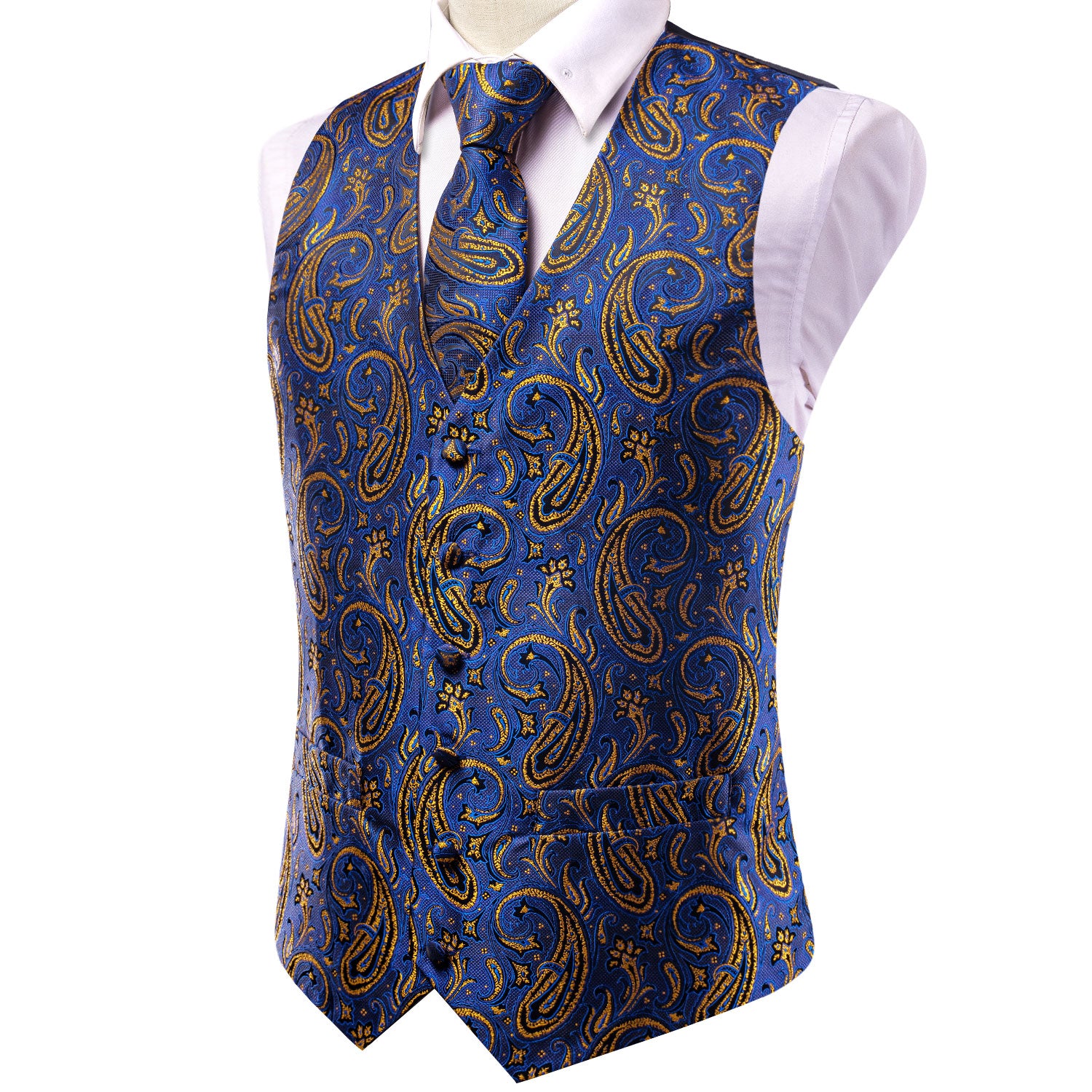 Luxury Royal Blue Golden Paisley Silk Men's Vest Hanky Cufflinks Tie Set Waistcoat Suit Set