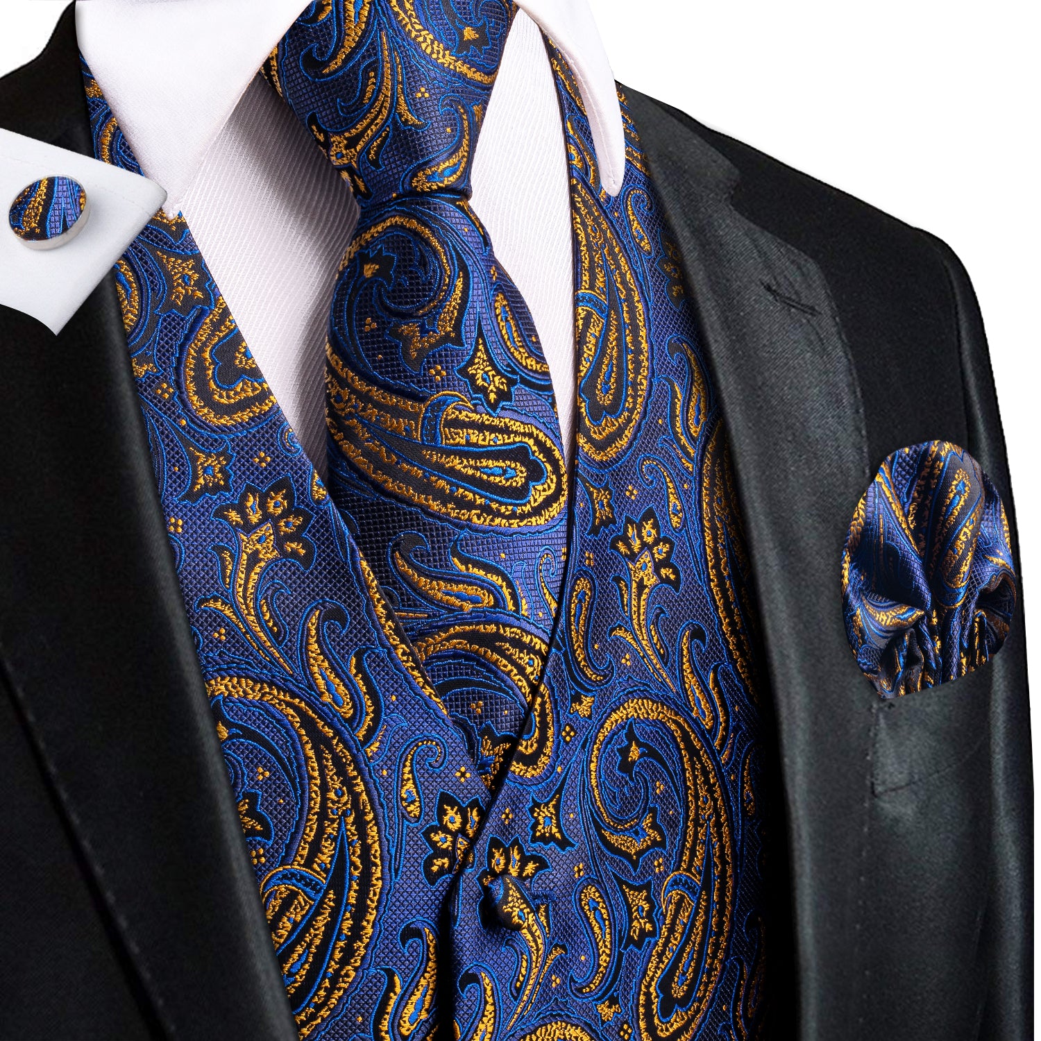 Luxury Royal Blue Golden Paisley Silk Men's Vest Hanky Cufflinks Tie Set Waistcoat Suit Set