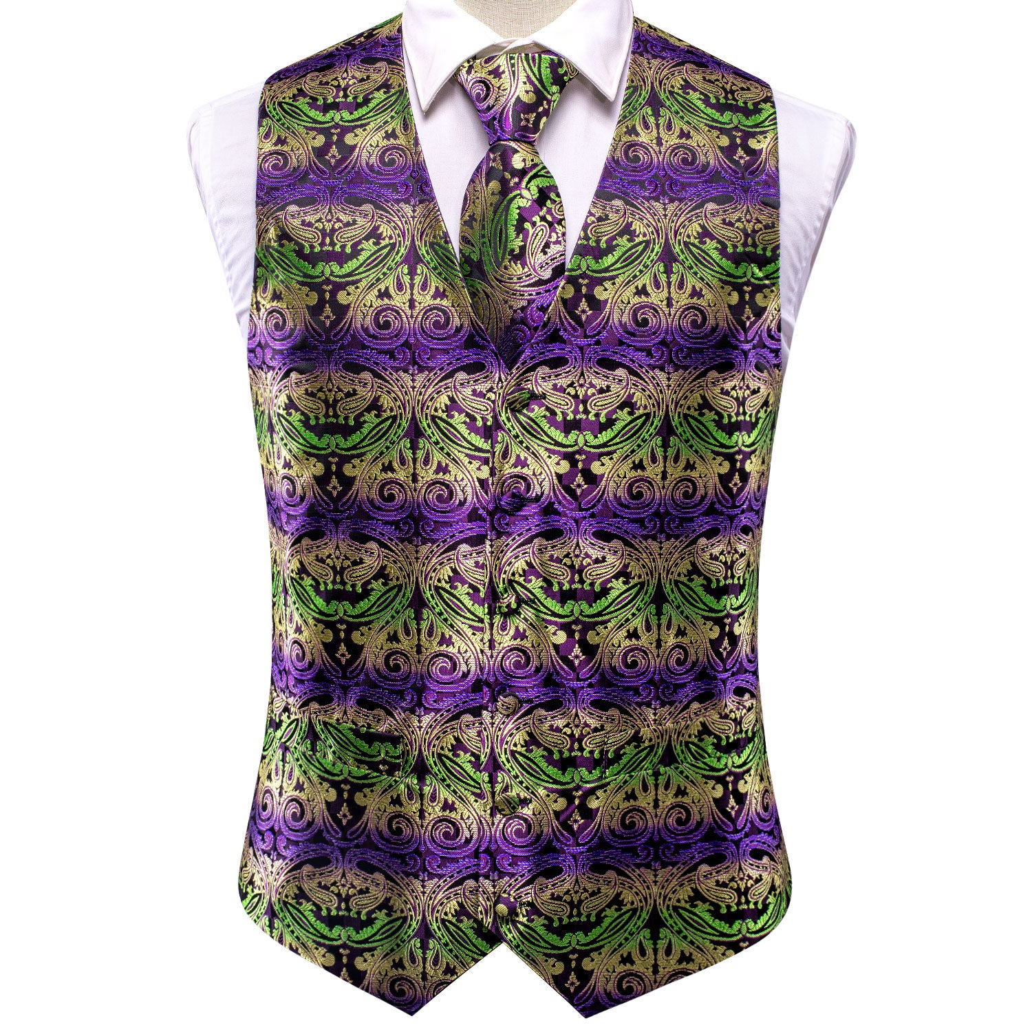 New Yellow Green Purple Paisley Silk Men's Vest Hanky Cufflinks Tie Set Waistcoat Suit Set