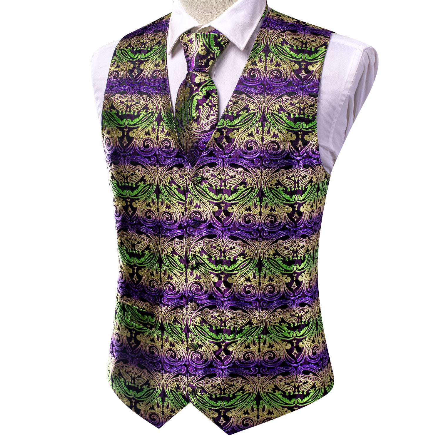 New Yellow Green Purple Paisley Silk Men's Vest Hanky Cufflinks Tie Set Waistcoat Suit Set