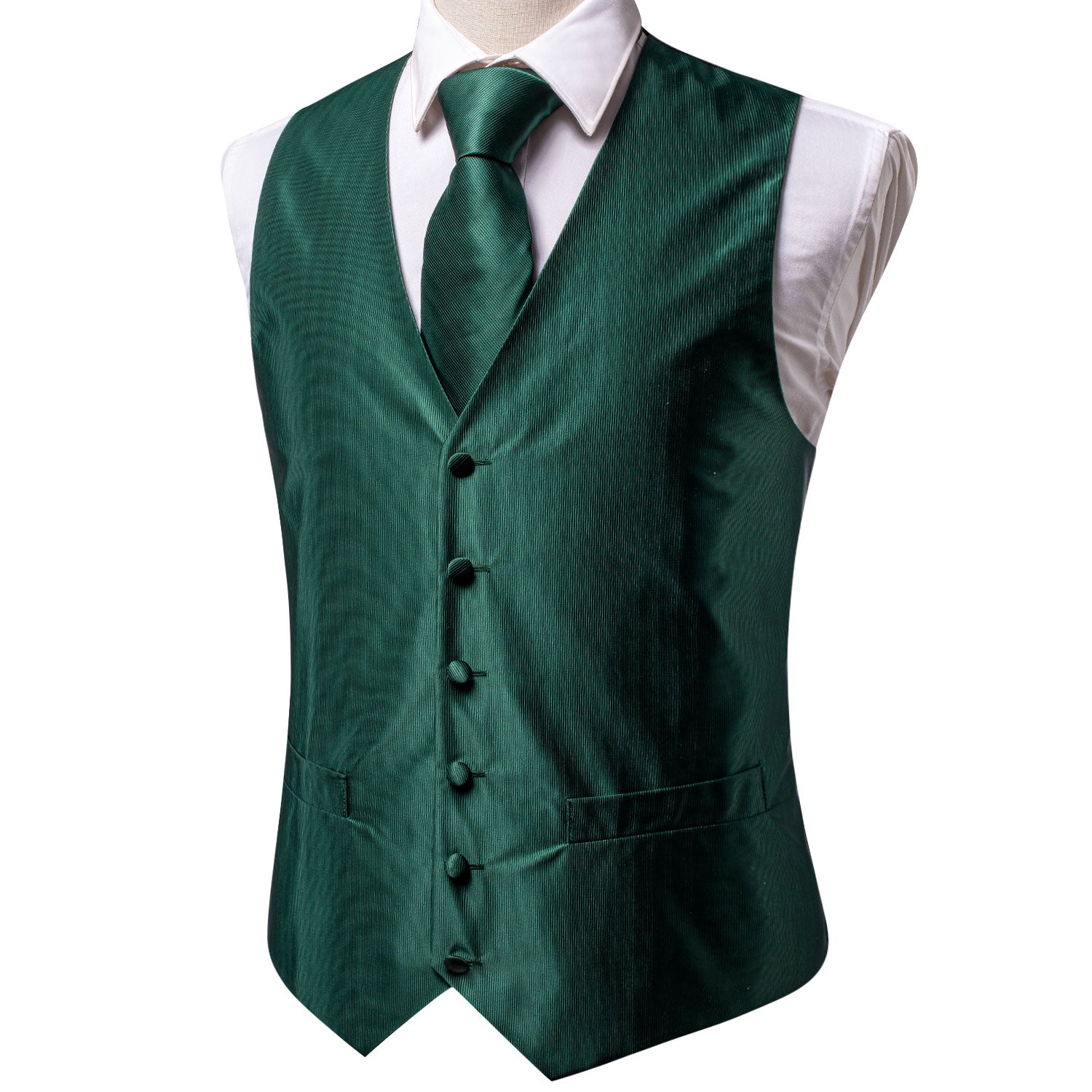 Forest Green Solid Silk Men's Vest Hanky Cufflinks Tie Set Waistcoat Suit Set