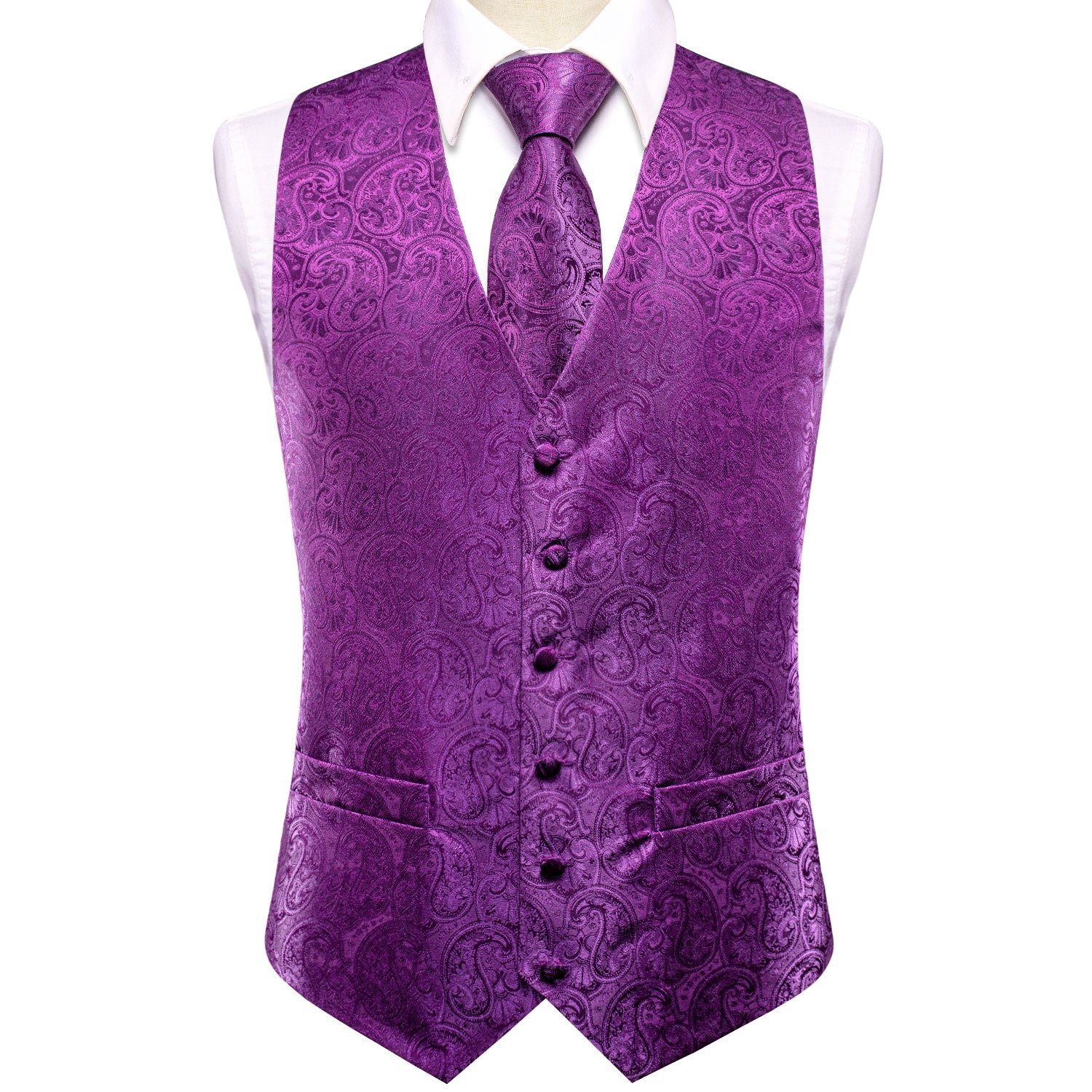 Luxury Purple Paisley Silk Men's Vest Hanky Cufflinks Tie Set Waistcoat Suit Set