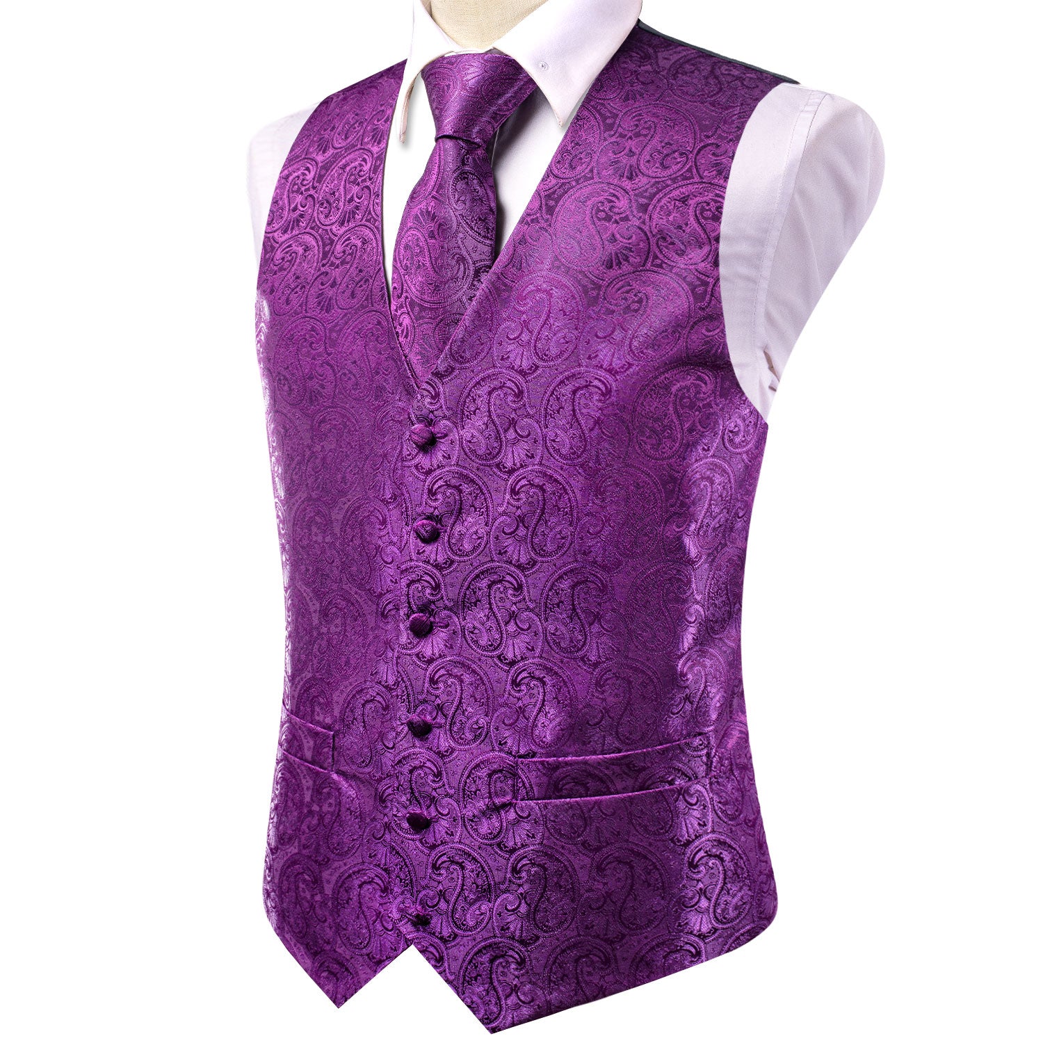 Luxury Purple Paisley Silk Men's Vest Hanky Cufflinks Tie Set Waistcoat Suit Set