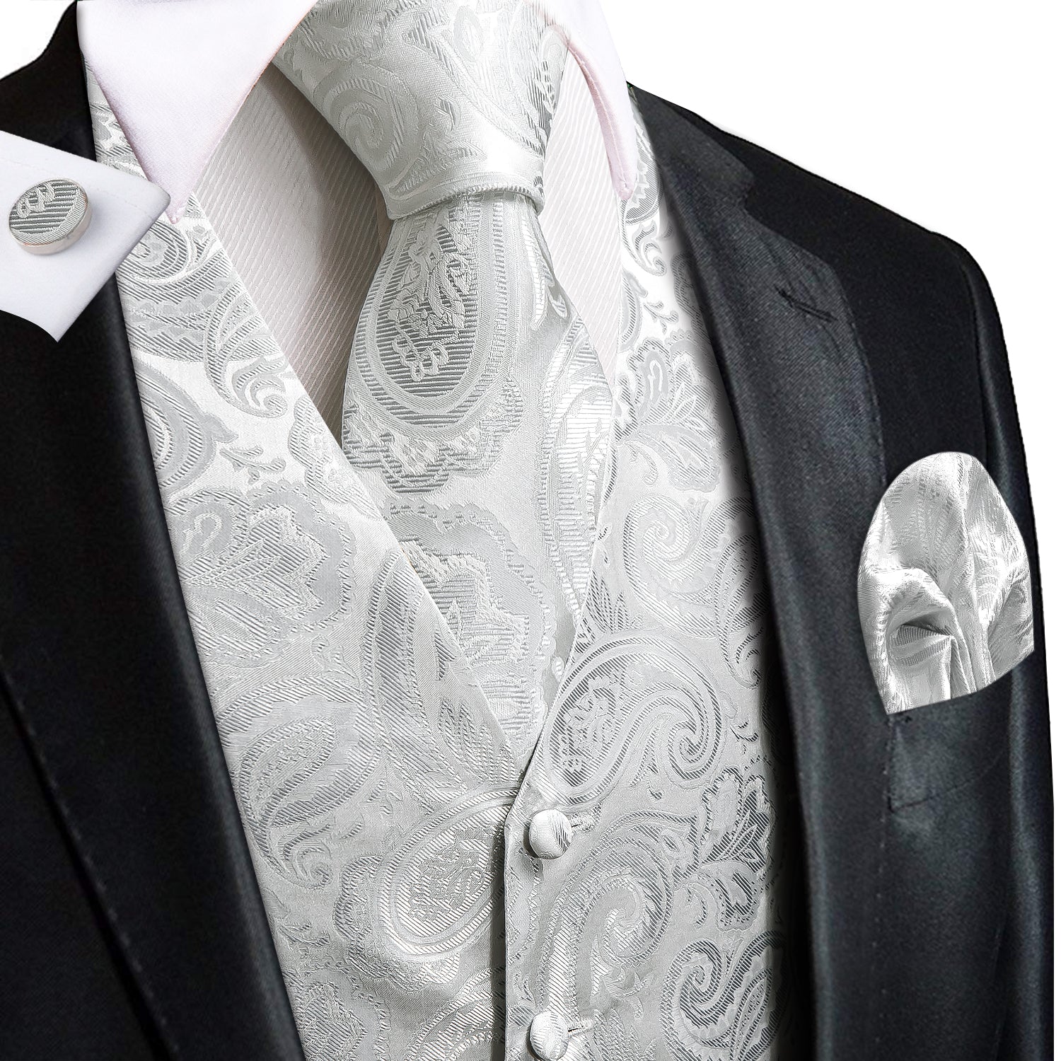 Luxury Grey White Paisley Silk Men's Vest Hanky Cufflinks Tie Set Waistcoat Suit Set