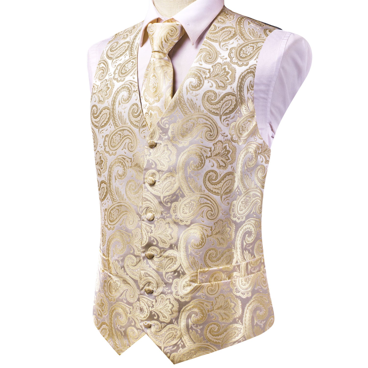 Luxury Champagne White Silk Men's Vest Hanky Cufflinks Tie Set Waistcoat Suit Set