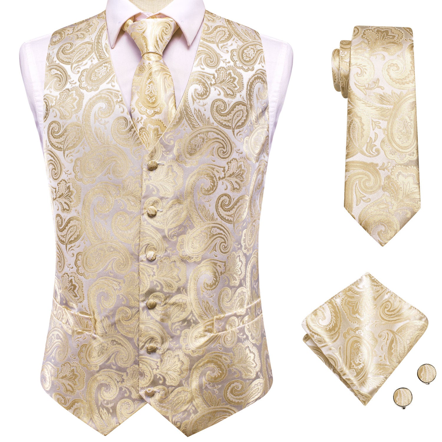 Luxury Champagne White Silk Men's Vest Hanky Cufflinks Tie Set Waistcoat Suit Set