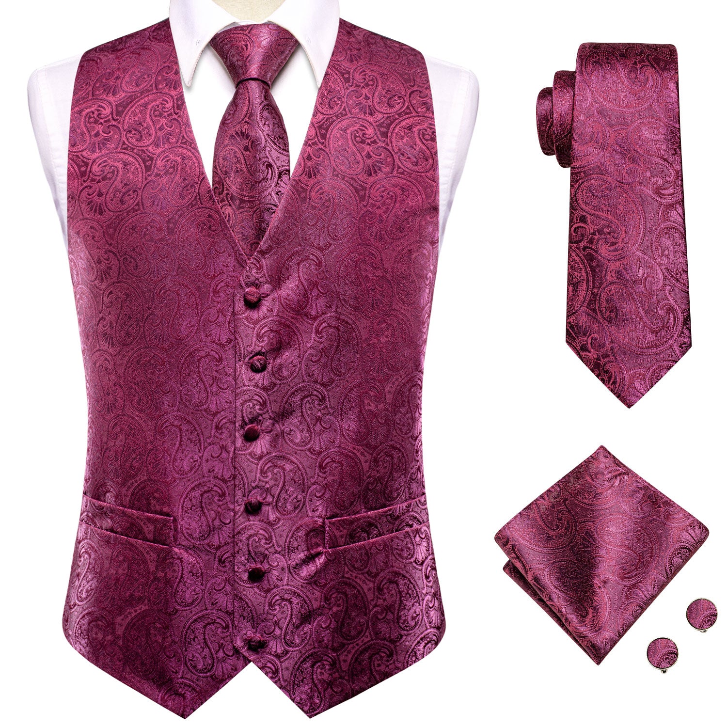Luxury Rose Red Paisley  Silk Men's Vest Hanky Cufflinks Tie Set Waistcoat Suit Set