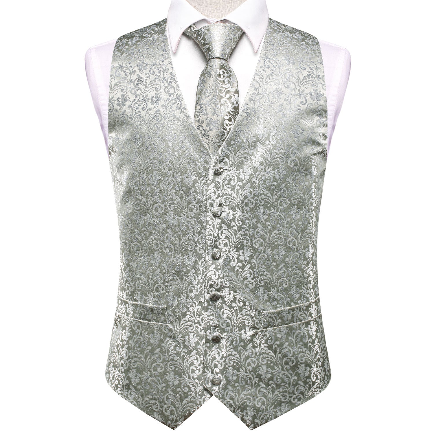 Luxury Grey Sliver Floral Silk Men's Vest Hanky Cufflinks Tie Set Waistcoat Suit Set