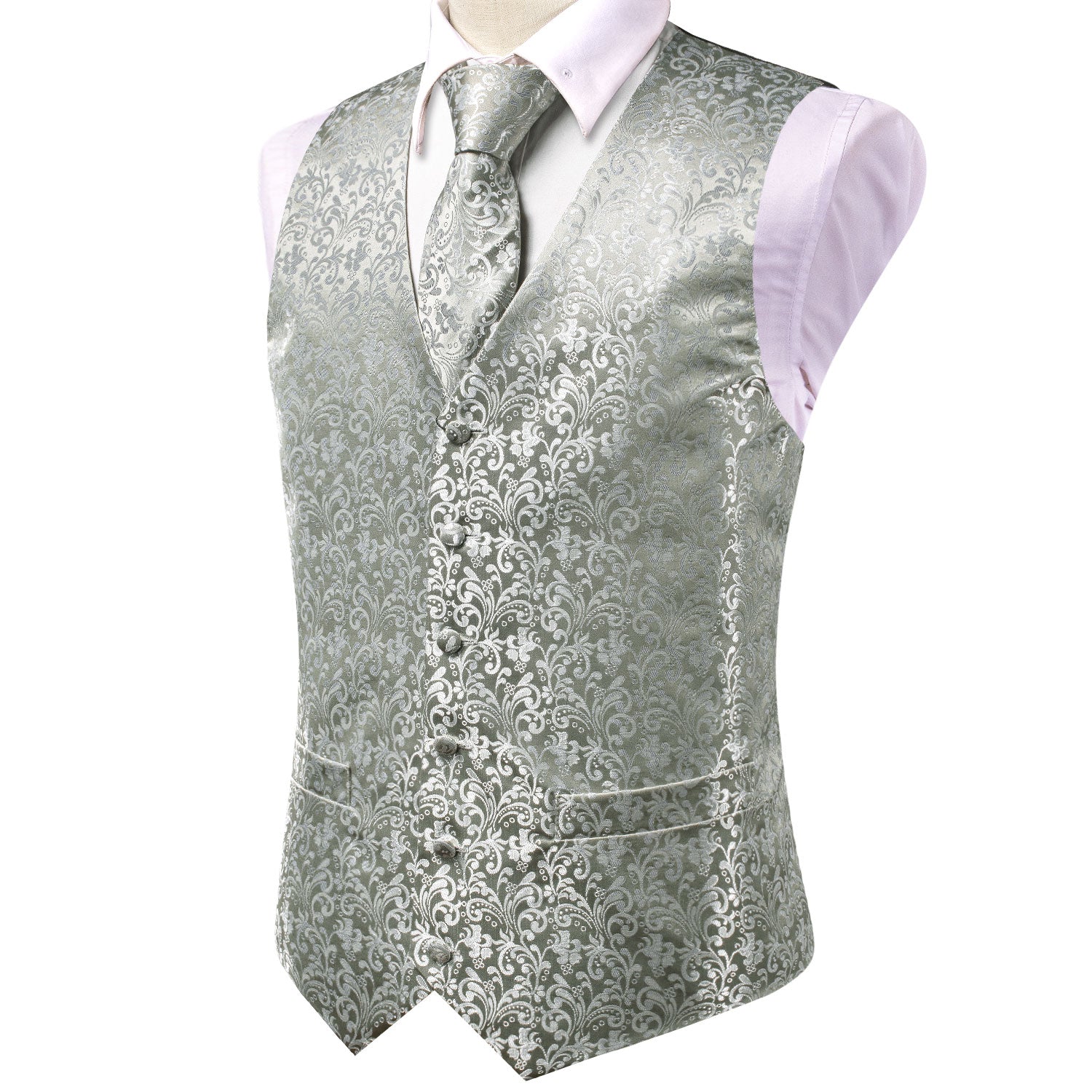 Luxury Grey Sliver Floral Silk Men's Vest Hanky Cufflinks Tie Set Waistcoat Suit Set