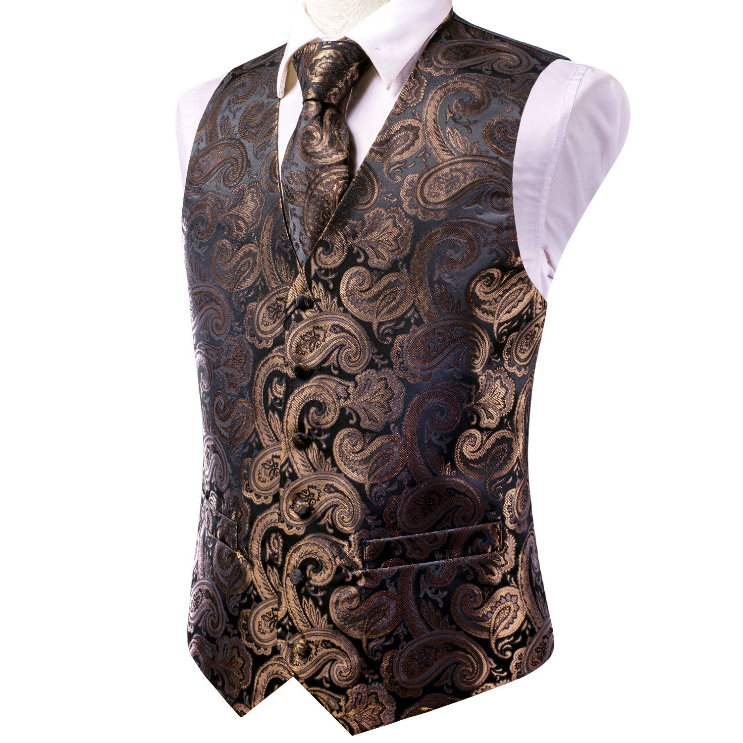 Luxury Brown Black Paisley Silk Men's Vest Hanky Cufflinks Tie Set Waistcoat Suit Set