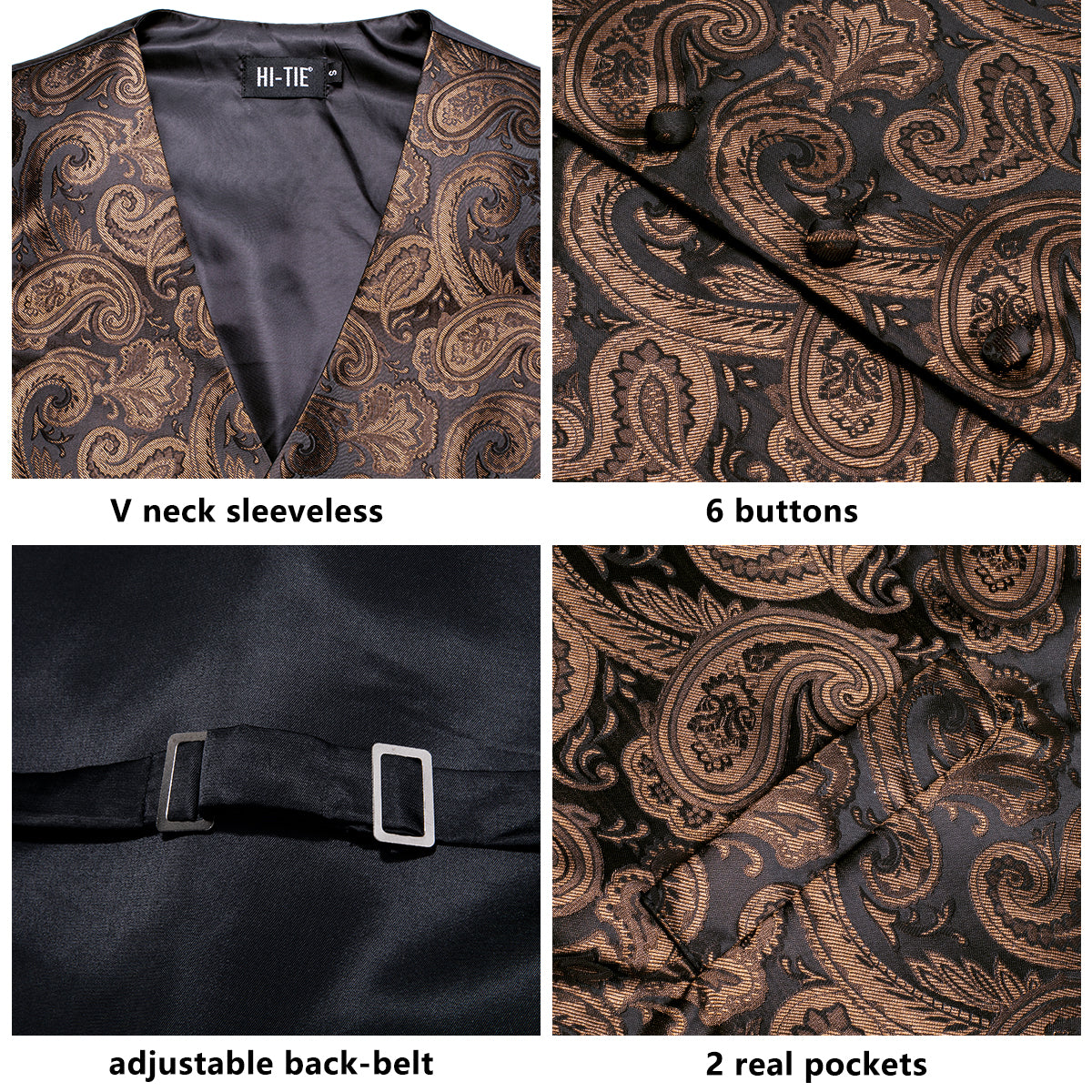 Luxury Brown Black Paisley Silk Men's Vest Hanky Cufflinks Tie Set Waistcoat Suit Set
