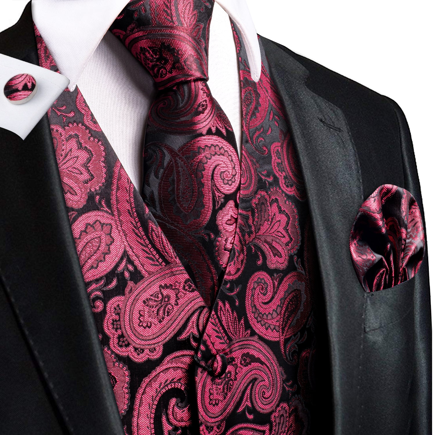 Luxury Dark Red Black Paisley Silk Men's Vest Hanky Cufflinks Tie Set Waistcoat Suit Set