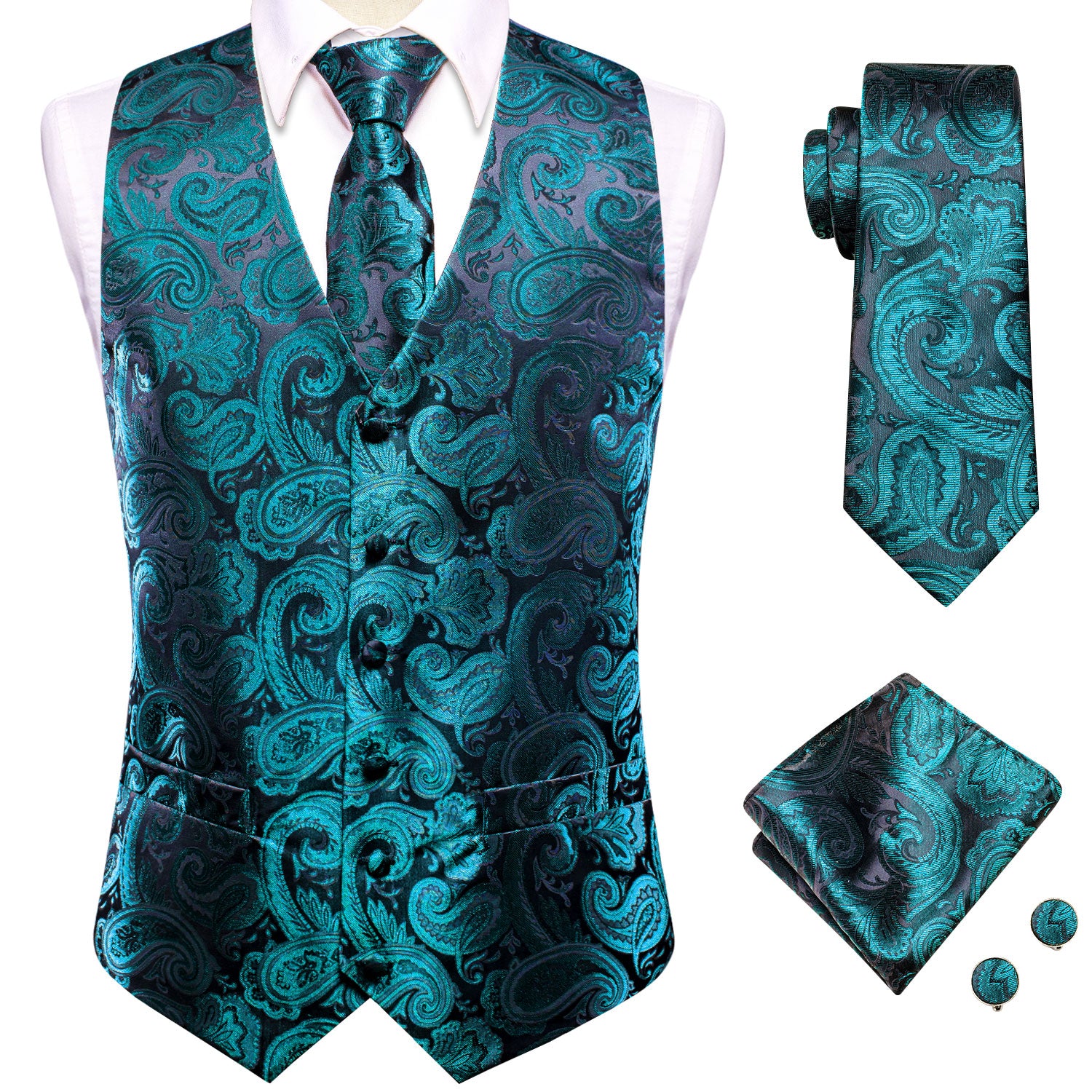 Luxury Teal Blue Paisley Silk Men's Vest Hanky Cufflinks Tie Set Waistcoat Suit Set