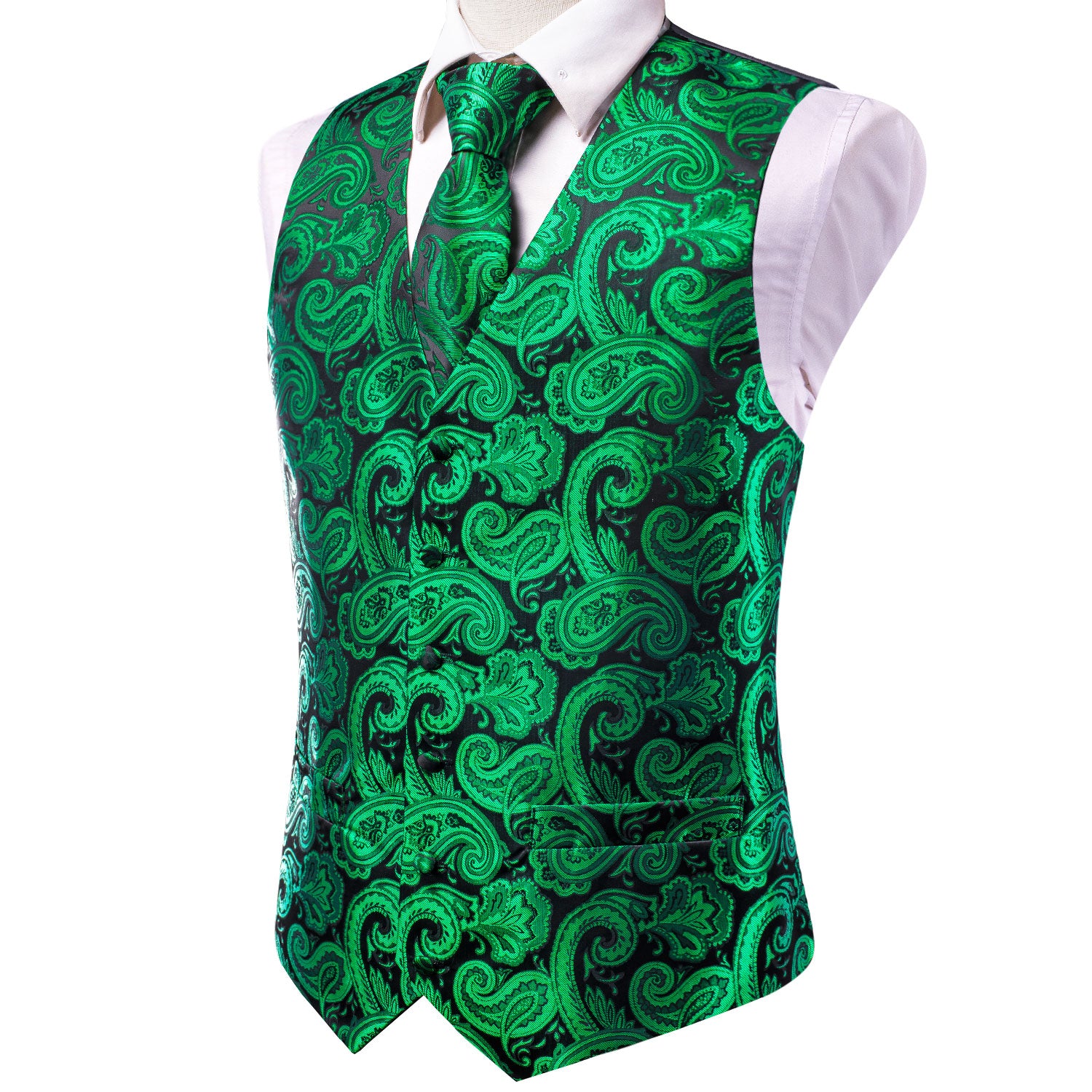 Luxury Green Black Paisley Silk Men's Vest Hanky Cufflinks Tie Set Waistcoat Suit Set