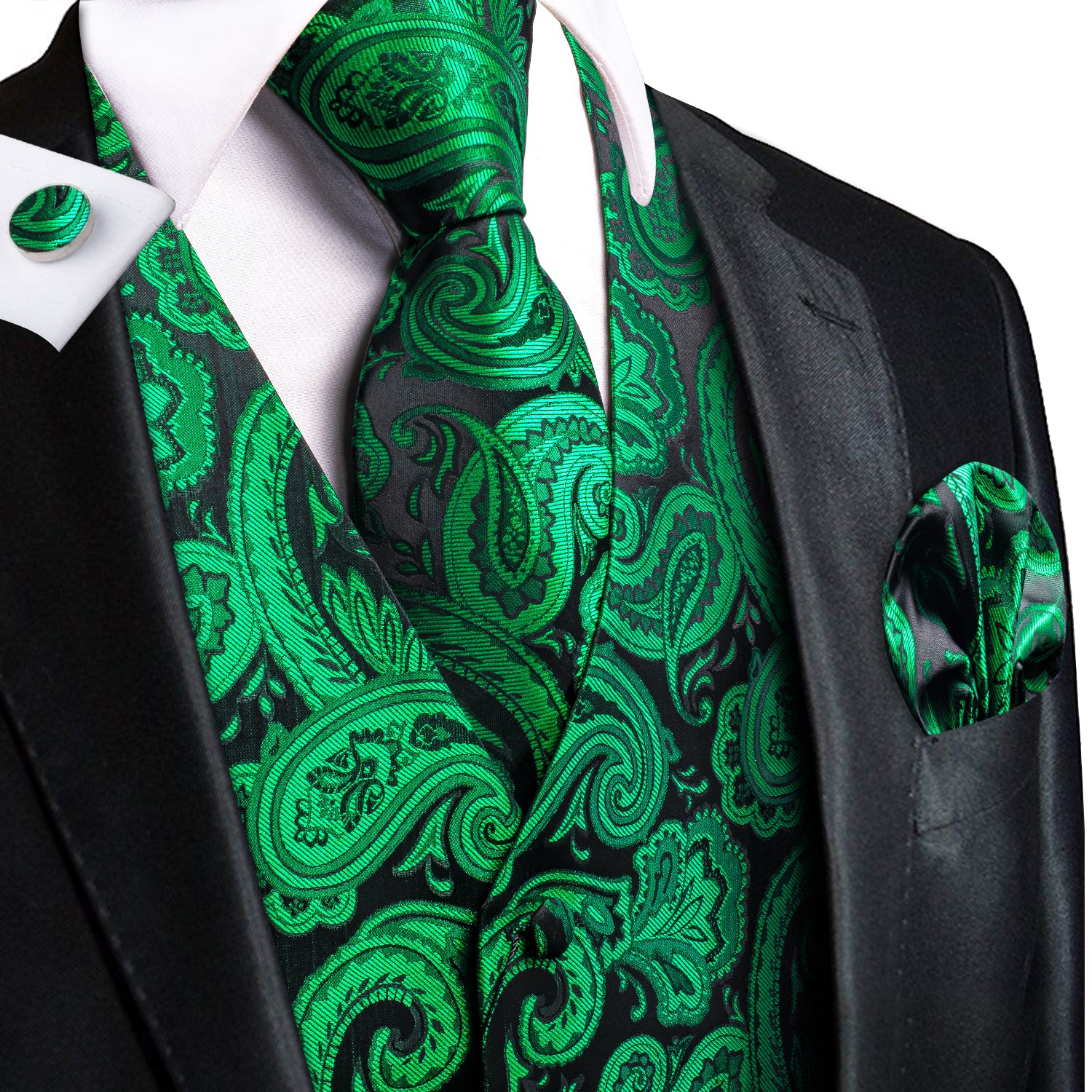 Luxury Green Black Paisley Silk Men's Vest Hanky Cufflinks Tie Set Waistcoat Suit Set