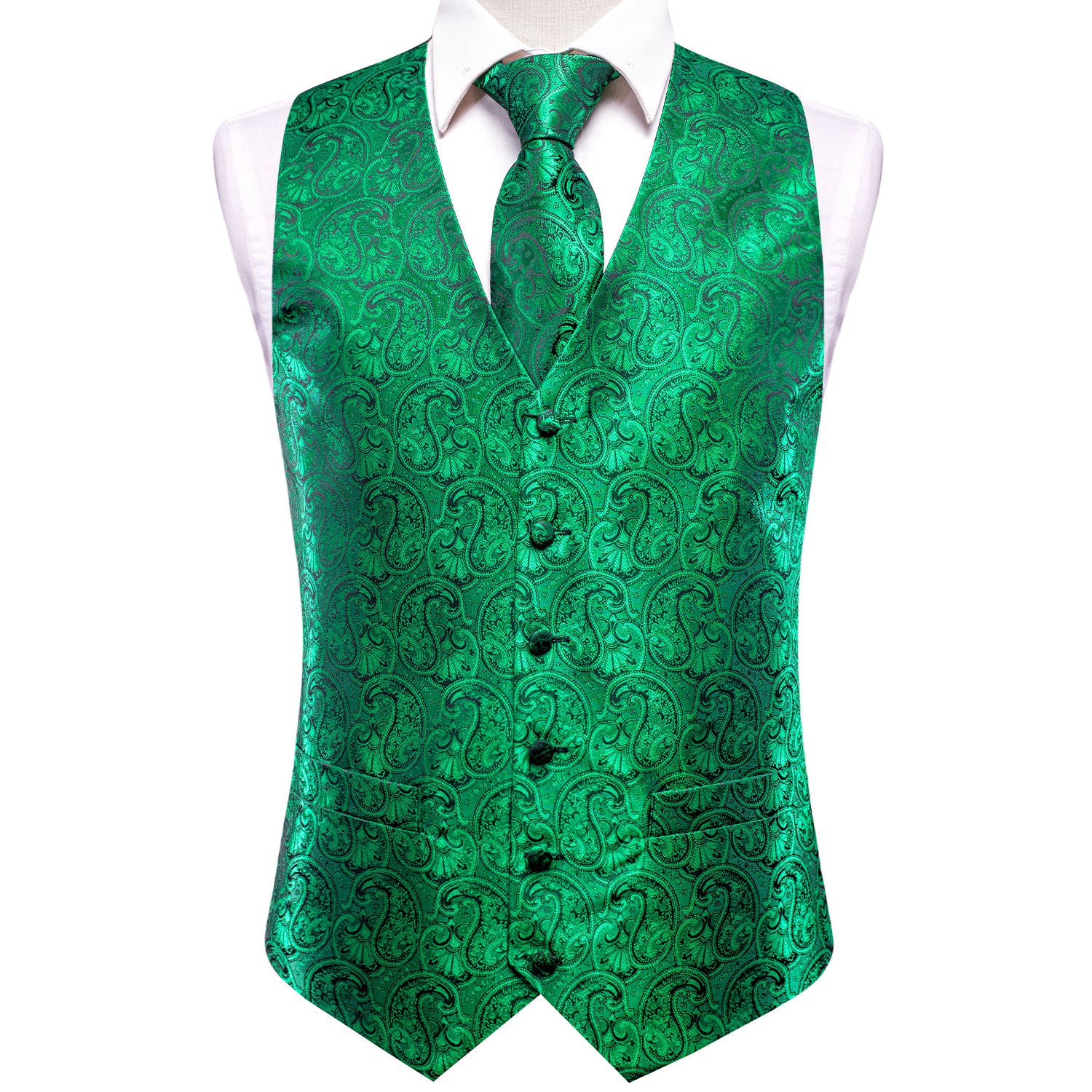 Luxury Leaves Green Paisley Silk Men's Vest Hanky Cufflinks Tie Set Waistcoat Suit Set