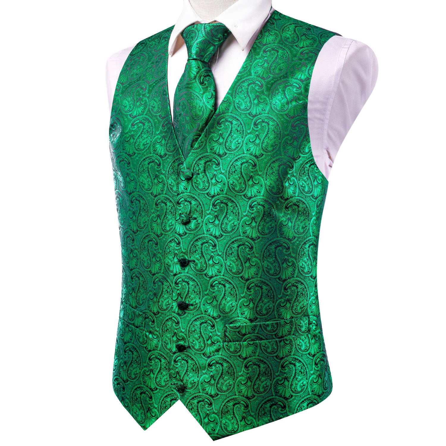 Luxury Leaves Green Paisley Silk Men's Vest Hanky Cufflinks Tie Set Waistcoat Suit Set