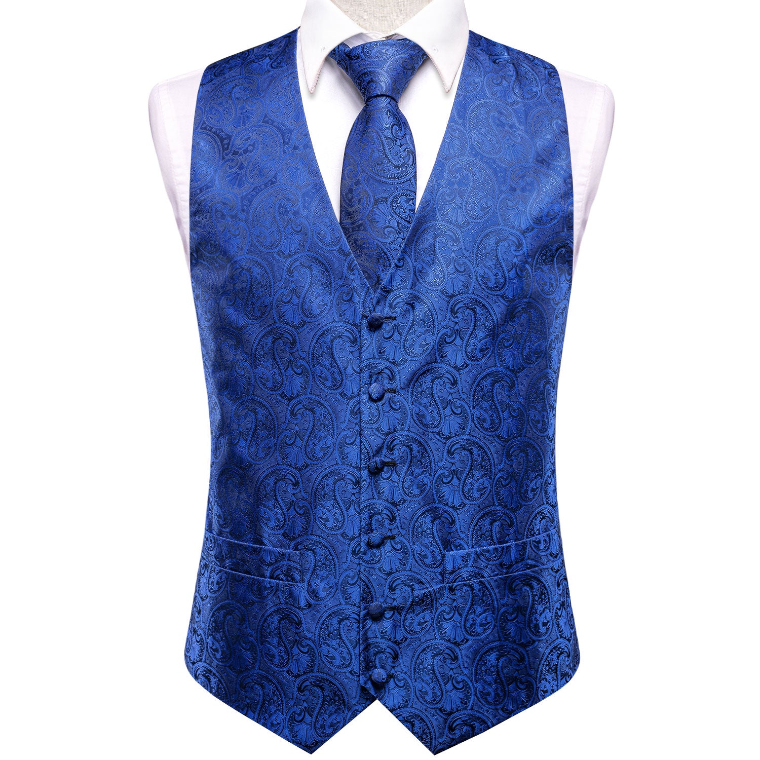 Luxury Navy Blue Paisley Silk Men's Vest Hanky Cufflinks Tie Set Waistcoat Suit Set